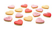© Farzana - Assorted heart shaped sugar cookies with pink icing and sprinkles on white background for Valentine or wedding dessert banner