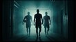 © MIKHAIL - Three confident soccer players, one carrying a ball, walk through a dark, smoky tunnel, preparing to enter the stadium with determination and team spirit