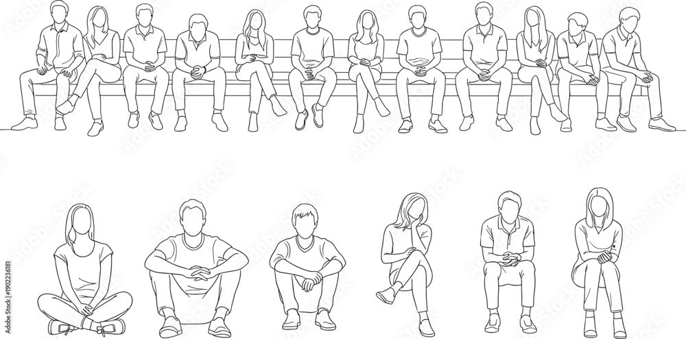 Black and white line drawing illustration of multiple seated people in ...