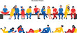 © Amit World - Flat illustration of diverse people in relaxed poses sitting and lying together, modern colorful characters showing leisure activities, rest, social interaction, and everyday lifestyle scenes
