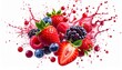 © Aromas - Explosión dinámica de frutos del bosque frescos y jugo suspendidos en el aire sobre fondo blanco.