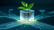 © Focus - Green plant growing out of a transparent cube resembling a computer chip, embedded in a circuit board with radiating connections, symbolizing nature and technology integration.