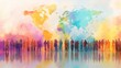 © backup_studio - Diverse crowd of people silhouettes standing in front of a colorful world map. Global community and human connection concept for unity and diversity.