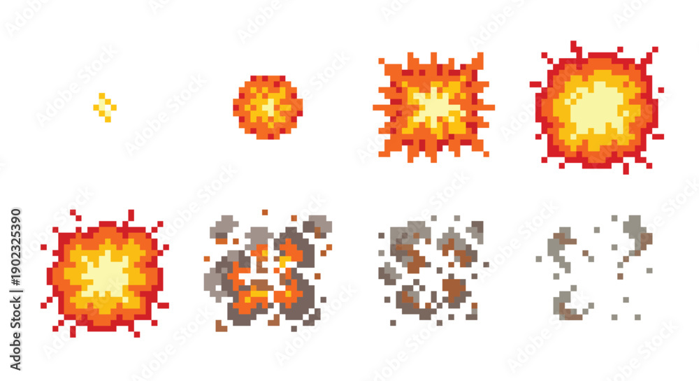 Sprite Vector Graphics Pixel art explosion animation sprite sheet with 8 frames sequence ...