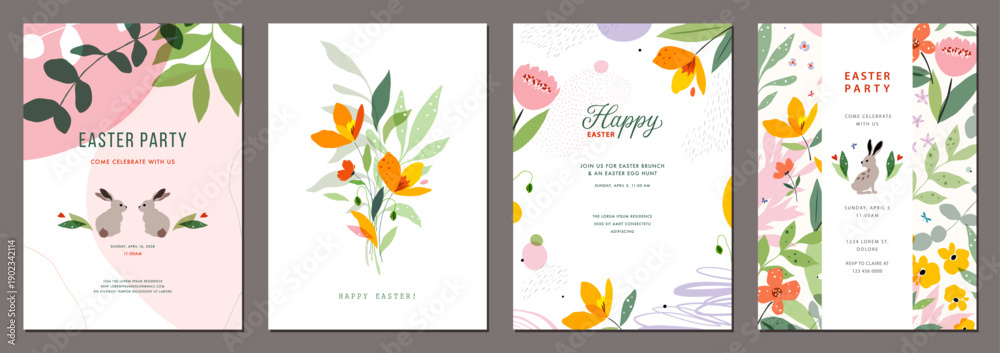 Easter templates. Floral greeting cards in spring vibrant colors with decorative flowers, Easter bunnies, frames and backgrounds with copy spase. For Mother’s Day, Women’s Day, Birthday invitations.