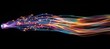 © Anyket - Dynamic burst of glowing fiber optics emitting sparkling particles and colorful light waves on black background representing high speed data transmission and advanced digital communications technology