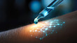 © Dina Photo Stories - Futuristic dropper applying liquid on skin with digital interface, biotechnology in dermatology, innovative skincare product demonstration, beauty product promotion, rejuvenation, glow up