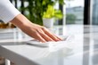 © Godam - Person Cleaning Minimal Workspace Surface with Cloth in Bright Environment