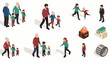 © Khofifah - Isometric vector illustration set of diverse families, couples, and individuals walking, depicting modern lifestyle, social interactions, and everyday objects.