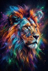  Majestic lion portrait with a vibrant, colorful mane against a cosmic galaxy background