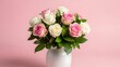 © TonimaAkon - Elegant bouquet of roses in a simple white vase against a soft pink background
