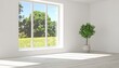 © yuttapoom - White empty room with summer landscape in window. Scandinavian interior design. 3D illustration
