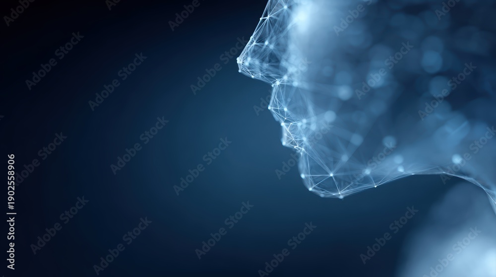 Abstract human face in profile, low-poly wireframe humanoid robot, AI ...