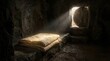 © Светлана Воротняк - Empty Resurrection cave with burial cloth. Jesus Christ tomb and rolled stone. Easter, Passion Friday, Christian religious concept.