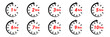 © AnupKumar - Time duration icon set showing one to ten hours with circular arrow progress clock symbols and red numeric text for countdown timers or delivery service scheduling isolated on white background.