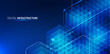 © Hilch - Isometric data technology network 3D vector illustration with digital server platforms and cubes connected by lines. Abstract cloud, AI blockchain infrastructure concept. Futuristic blue background