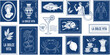© MdJillur - Vintage Blue Stamp Illustration Set Featuring Italian Culture Elements with La Dolce Vita Typography Roman Statues Greek Vases Mediterranean Seafood Lemon and Coffee