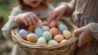 © vetrana - Children gather colorful eggs in a basket during an Easter activity in a garden on a spring day