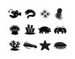 © Viacheslav - Submarine Creature Icons. Submarine Creatures. Solid icon set of Submarine Creatures: anglerfish lure, deep sea eel, glowing plankton, siphonophore, deep sea