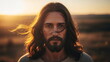© xuxu - Jesus Christ man with long hair looking seriously at the camera at sunset. Christian religious concept for Easter and worship.