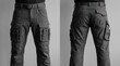 © MEENA - Dark Grey Technical Apparel: High-Functionality Pants with Multiple Cargo Pockets for Urban Exploration and Tactical Use in a Modern, Practical Design Studio Shot