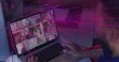 © vectorfusionart - Typing on laptop, hands using trackpad on bed, showing call thumbnails, magenta overlay
