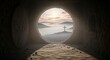 © velikiyzayats - Empty Tomb of Jesus Christ with Rolled Stone at Sunrise and Cross on Hill, Resurrection of Jesus Christ Concept, Easter Sunday Morning Background