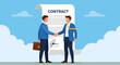 © Skyframe - Two businessmen, one holding a briefcase, finalize a successful agreement with a firm handshake standing before a colossal signed contract scroll set against a vibrant blue sky with soft white clouds