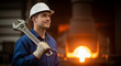 © ViskBx - Skilled male industrial worker in hard hat holding large wrench in factory setting with glowing furnace in background
