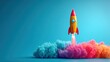 © JT Studio - A colorful rocket launches from vibrant clouds of pink and blue smoke against a bright turquoise background, symbolizing creativity and exploration.