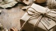 © Tonton1541 - drop shipping store box clock logistic concept. Eco-friendly wrapped gift with rustic decor and tag on wooden surface.