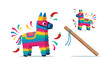 © Nishi - Traditional colorful Mexican pinata illustration with a stick and festive decorations like chili peppers and confetti.
