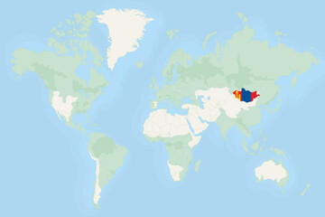 Naklejka na meble Mongolia Highlighted on World Map with National Flag. Mongolia Map and Flag.