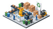 © Skyframe - An isometric view of a busy recycling plant featuring workers, a forklift, and machinery processing waste boxes and plastics near sorting bins and a large green eco-symbol