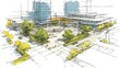 © Newleks - Urban planning concept illustration showing a vibrant city plaza design with modern buildings, commercial spaces, green areas, and pedestrian zones for community gathering
