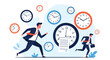 © Sobuj - Two busy businessmen run frantically while surrounded by various clocks representing deadlines, time management, and the work environment.