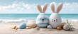 © tetxu - Easter bunnies on the beach with white sand and seashells. Happy Easter concept