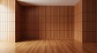 © BRNSN - Empty square room with brown wood paneling wall and hardwood flooring