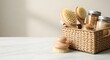 © antuanetto - Natural wicker basket holding various spa brushes and invigorating body scrubs, embodying a self-care and relaxation concept for home wellness and rest