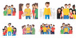© Muqodimatul - Collection of happy young people vector characters smiling and laughing in social groups, illustrating friendship, community, and positive communication.