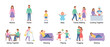 © eclipse - Set of family life illustrations showing parents and children in various daily activities like cooking, cleaning, playing, walking, and relaxing together in a colorful flat vector style