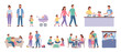 © eclipse - Large set of family character illustrations showing daily life routines like cooking, cleaning, playing, walking, and sleeping together in a flat, colorful vector style