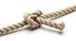 © H Barad - Image features a close-up view of a thick, twisted rope tied into a knot against a plain white background. The rope is made of natural fibers, displaying a beige color with visible texture and individ