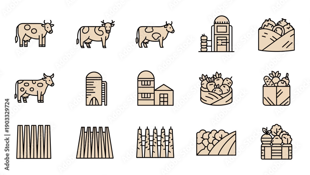 Collection of farm-themed icons featuring cows, buildings, and ...