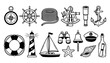 © Emma Reese - Nautical maritime collection featuring a compass ship wheel coiled rope sextant spyglass anchor lighthouse sailboat binoculars bell captain's hat starfish seashell and message in a bottle