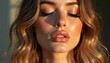 © miss irine - Woman with long wavy hair and full glam makeup. She has long mink lashes, full lips with gloss, and closed eyes. Sun light hits her face. She looks beautiful and peaceful.