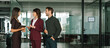 © Stock 4 You - Mature businesswoman CEO professional communicating, collaborating with colleagues, coworkers, business partners. Team businesspeople talking in office, discussing work project. Web banner, copy space
