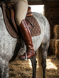 © yuliachupina - Equestrian rider sits on grey horse in stable wearing brown riding boots
