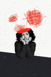 © deagreez - Composite collage trend template of young lady sit upset hand hold head half open line mess think sad therapy psychology burnout mental
