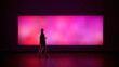 © Lustre Art Group  - Vibrant artwork woman observing glowing abstract color panel. Concept of contemporary art exhibition, emotional perception, creative inspiration, modern editorial and branding visuals.